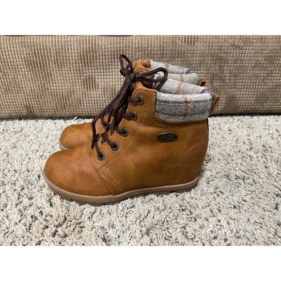 Lugz Womens Brown Ankle Boots With Plaid Collar & Wedge Heel Size 6 Faux Leather - Picture 2 of 11
